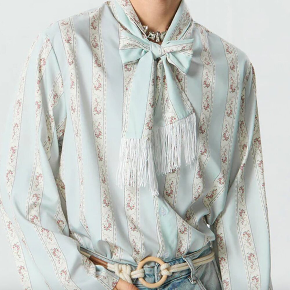 Incerunmen Ditsy Floral Tie Fringe Shirt sz M